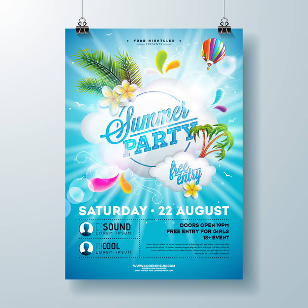 Summer Pool Party Poster Σχεδιασμός Πρότυπο με φύλλα φοίνικα, νερό και παραλία μπάλα σε μπλε φόντο του υποβρύχιου ωκεανού. Vector Holiday Illustration για Banner, Flyer, Πρόσκληση, Αφίσα. - Διάνυσμα, εικόνα