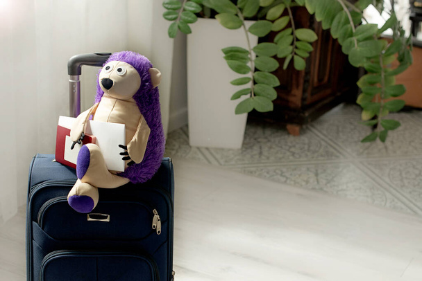toy on a suitcase with palm leaves, a home plant. Hedgehog tourist. A packed suitcase stands at home - Photo, Image