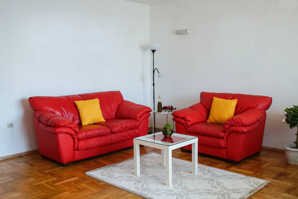 現代のリビングルームのインテリアショット。広々としたアパート。赤い革のソファ付きのリビングルーム - 写真・画像