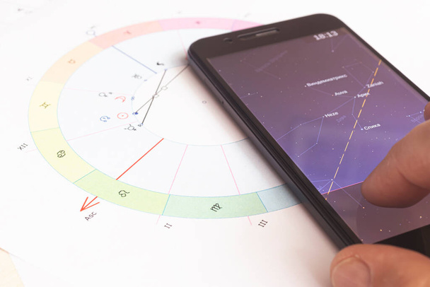 占星術師のデスクトップ。ガジェットは、現代のOracleが計算を行うのに役立ちます。未来の予測者の作業環境の魔法の神秘的な雰囲気. - 写真・画像