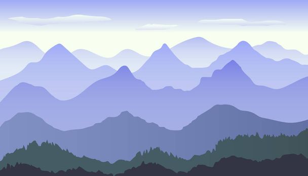 霧や森と美しい青のグラデーションの山の風景。日の出と山の中で日没。山の風景の中に夕日。ベクターイラスト - ベクター画像