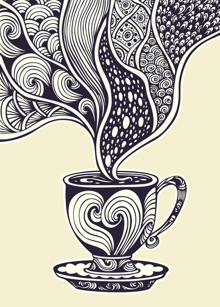 Cup of coffee or tea in Zen tangle Zen doodle style black and white for decoration and advertising of coffee or tea or concept of relax time or for coloring page - Διάνυσμα, εικόνα