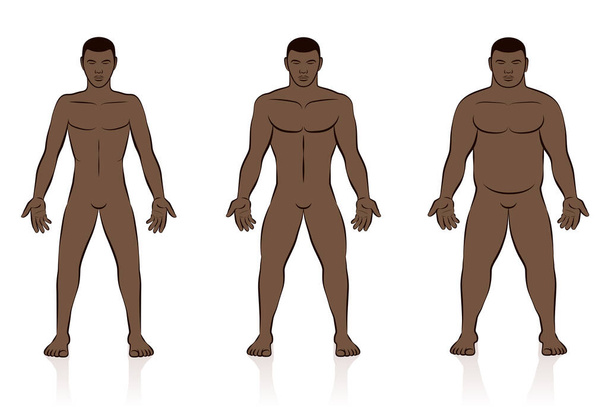 Testtípusok. Sovány, normális és kövér fekete férfi. Alacsony súly, normál súly és túlsúlyos férfi test. Képregény vektor illusztráció három férfi különböző anatómia. - Vektor, kép