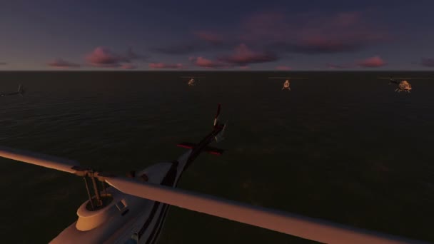 birkaç helikopterlerin üstgeçidin günbatımı denizde - Video, Çekim