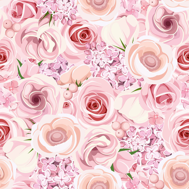 Vector seamless background texture with pink roses, lisianthuses, anemones, lilac and hydrangea flowers. - Вектор, зображення