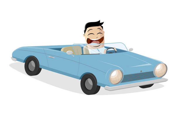 vector cartoon illustration of a happy asian businessman with classic convertible car - Vector, Image
