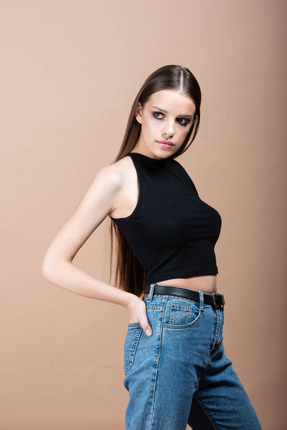 young beautiful girl with big brown eyes and long straight dark hair - Foto, Bild