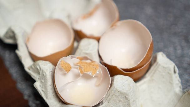 Rikkinäinen munankuori tarjottimella. Paljon rikkinäisiä munankuoria pahvilaatikossa. käytetty ruskea munankuori. kuoren kierrätyksen käsite - Valokuva, kuva