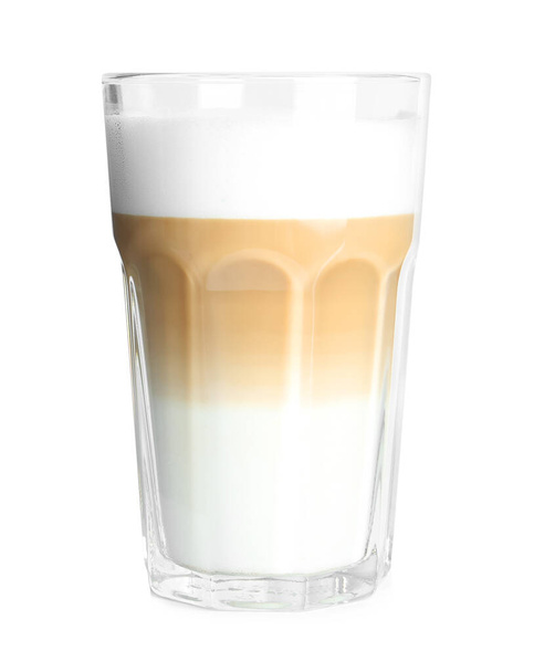Glass of delicious latte macchiato isolated on white - Foto, immagini