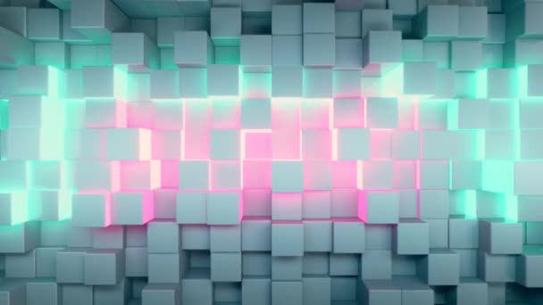 Abstract technology background for business presentations. Randomly moving cubes. Bright neon glow in the middle. Seamless loop 3d render - Footage, Video