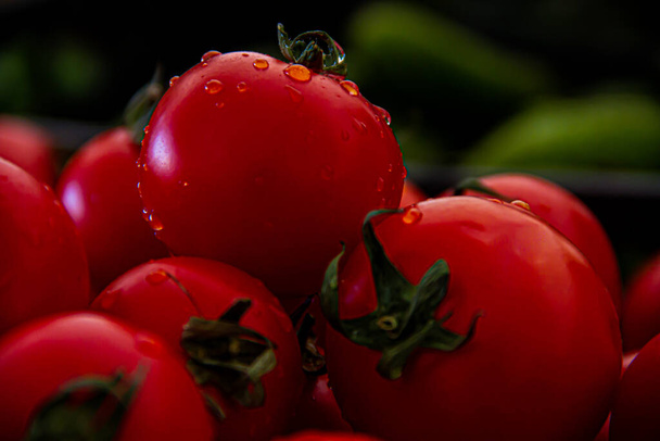 Fresh red tomatoes with water drops on them - Фото, изображение