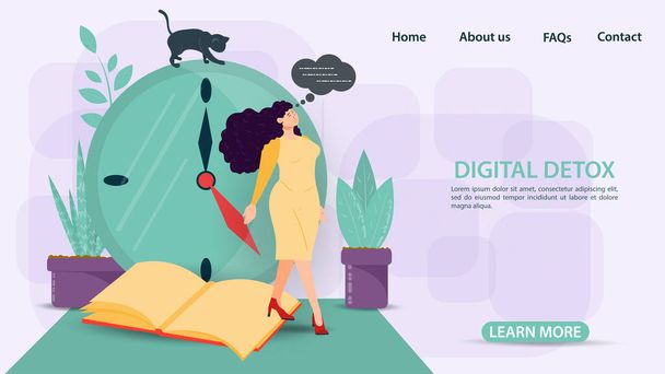 Digital detox, banner concept for web and mobile sites, a Girl in a yellow dress stands on a book against a clock, flat vector illustration - Vector, Image