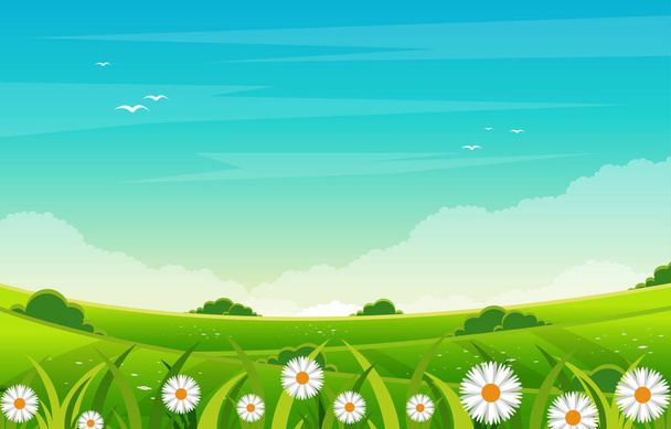 Verão fresco verde natureza campo terra céu paisagem ilustração
 - Vetor, Imagem