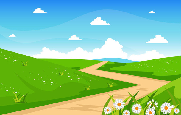 Літо Свіжий Зелений Природа Поле Земля Небо Пейзаж Ілюстрація
 - Вектор, зображення