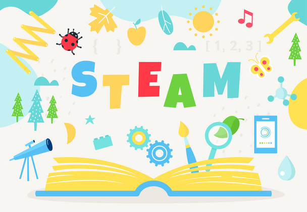 Open Book and STEAM sign. Science, Technology, Engineering, Art and Math Education Approach. Vector Design - Vector, Image