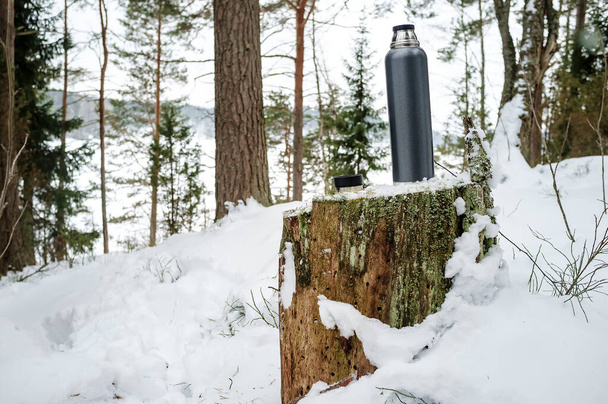 Thermos with a hot drink and a cup stands on a rotting stump in a snowy forest among snowdrifts, on a frosty winter day. - Photo, Image