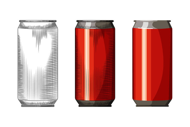 Beverage red can isolated on white background. Hand drawn beer can template. Vintage engraved style vector illustration. Design for pub menu, cards, posters, prints, packaging. - Διάνυσμα, εικόνα