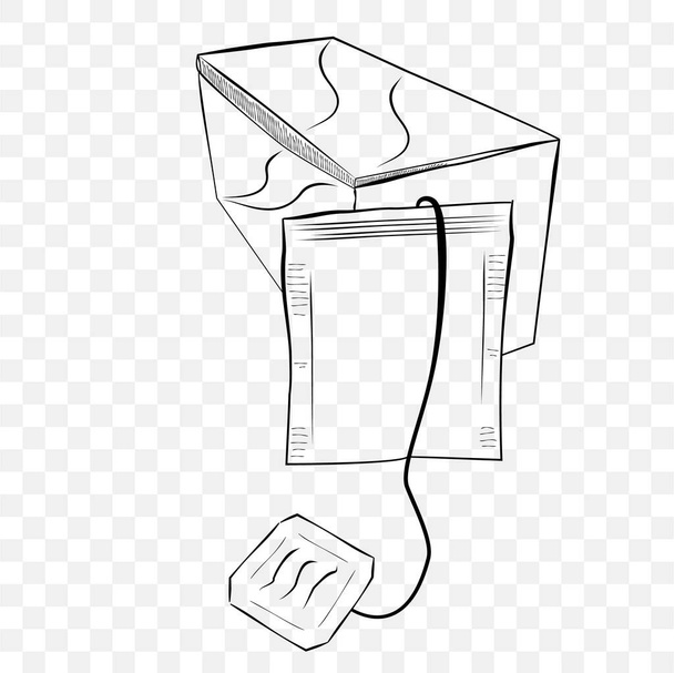 Croquis simple de dessin de main de vecteur, sac de thé instantané blanc de maquette et boîte, à fond transparent d'effet - Vecteur, image