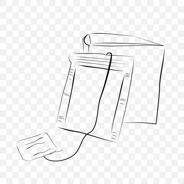 Sencillo Vector Hand Draw Sketch, mofa en blanco bolsa de té instantánea y caja, en fondo transparente efecto
 - Vector, imagen