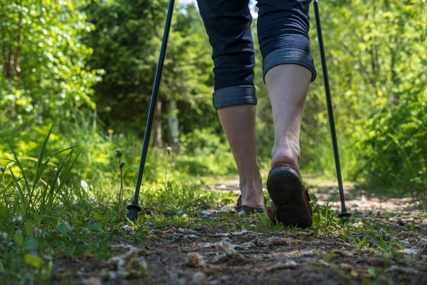 Female legs with Nordic walking sticks, outdoors. Concept of a healthy lifestyle. Close-up. - Foto, imagen