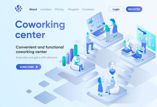 Coworking center isometric landing page. Business community teamwork, convenient and functional workspace. Coworking open area template for CMS and website. Isometry scene with people characters. - Vector, Image