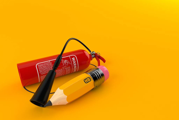 Extintor de incêndio com lápis isolado em fundo laranja. ilustração 3d
 - Foto, Imagem