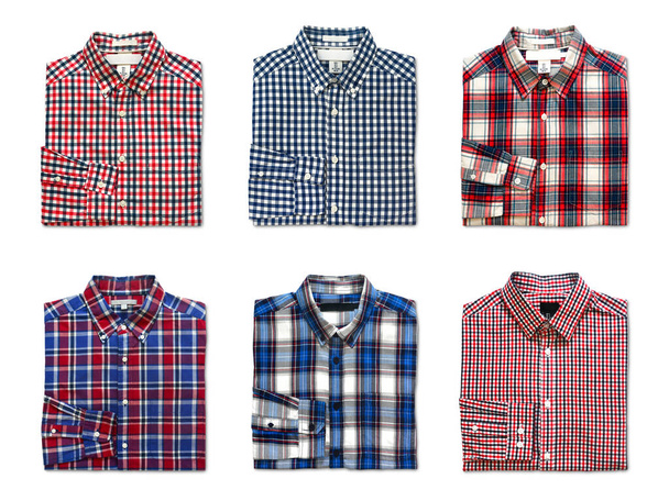 top view collection of folded red, blue and white color long sleeve plaid shirts isolated on white background - Foto, Imagen
