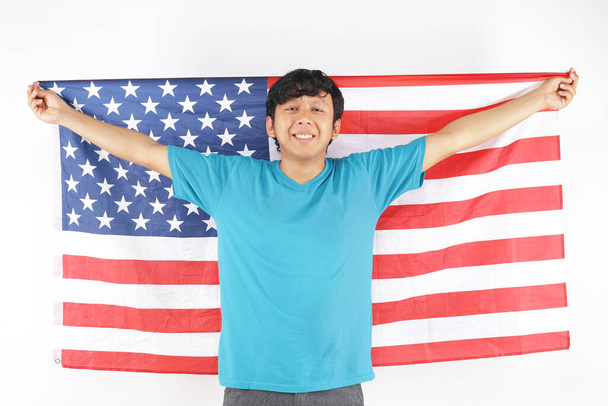 biznes człowiek flaga Stany Zjednoczone na ciało trzymając się za rękę odizolowany - Zdjęcie, obraz