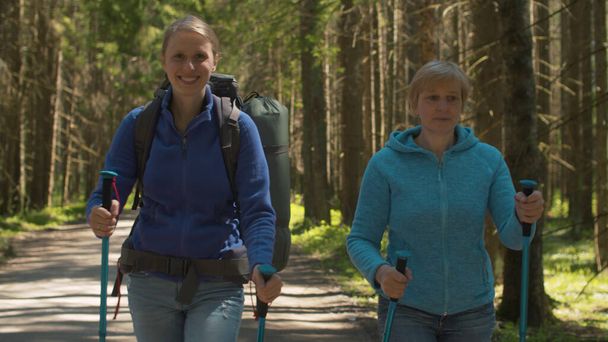 Retrato de dos mujeres caminando en el bosque de coníferas por el camino de tierra con bastones de trekking. Trekking en el bosque, concepto de estilo de vida activo y saludable
 - Foto, imagen