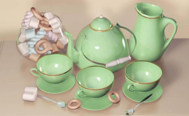 3d иллюстрация фарфора чайный сервиз с чайником чашки и конфеты на соседнем столе натюрморт с копировальным местом
 - Фото, изображение