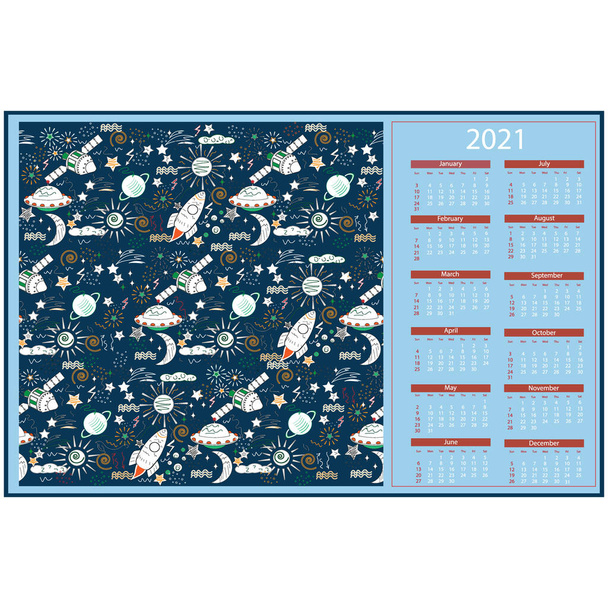 calendario per l'anno 2021 con una texture sul tema dello spazio con corpi celesti ed elementi decorativi, sfondo blu scuro, illustrazione vettoriale
 - Vettoriali, immagini