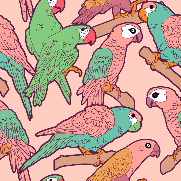 Vektorové pastelové papoušky Ptáci Bezešvé vzor, růžová a tyrkysová Tématické barvy. - Vektor, obrázek