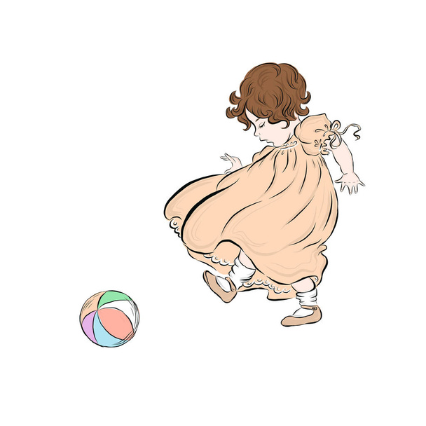 Дитяча дівчинка грає з м'ячем. Дитина одягнена в помаранчеву сукню
.  - Вектор, зображення