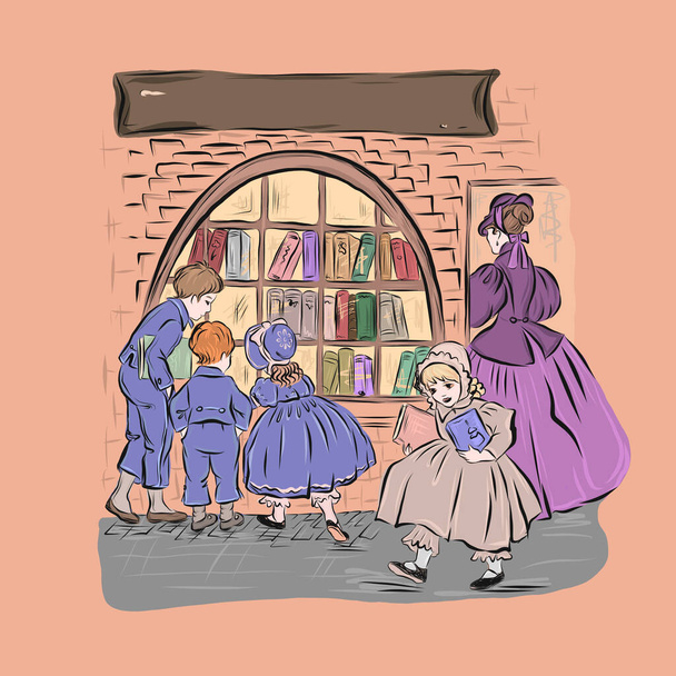  Des gens debout devant le magasin avec des livres. Groupe d'enfants d'âges différents et de femmes à la librairie. Des gens vêtus de style vintage. Étagère avec piles de livres. - Vecteur, image