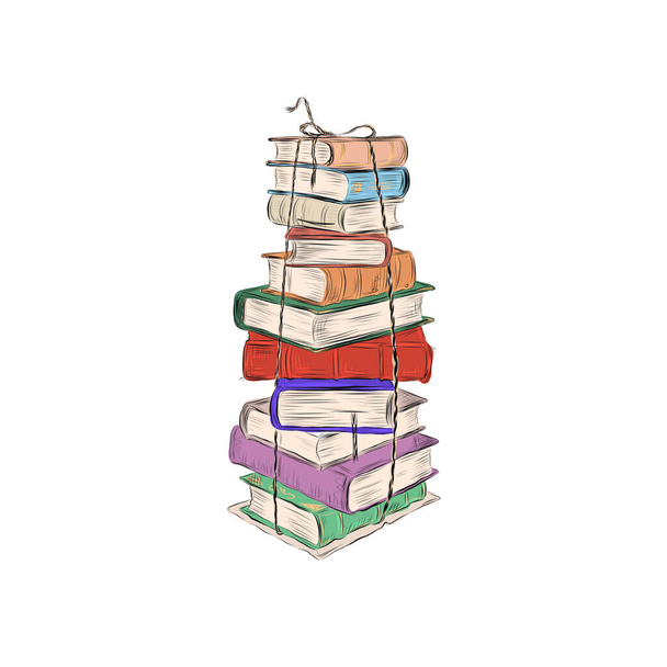  Une pile de livres multicolores attachés avec une corde. Littérature plate dessinée à la main pour l'éducation - Vecteur, image