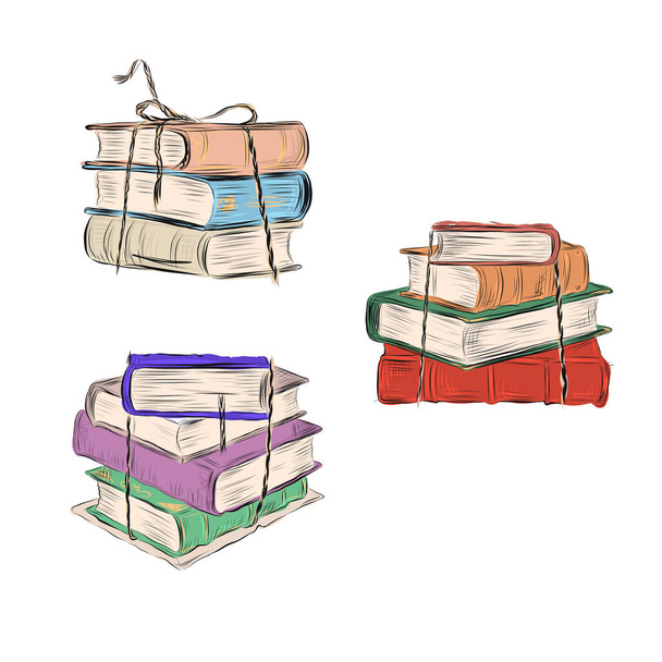  Una pila di libri. Copertine di libri multicolori. Stile design piatto. Concetto di istruzione. Letteratura accademica
  - Vettoriali, immagini