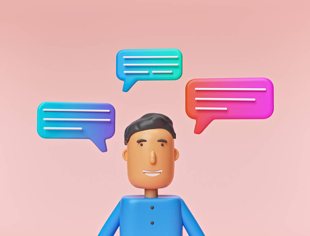 felice personaggio dei cartoni animati con bolle di chat. concetto di social media. design dallo stile minimale. rendering 3d - Foto, immagini
