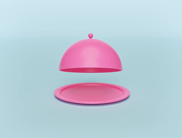 パステルブルーを背景にしたミニマルピンクのオープンレストランクロッシュ。トレイを提供する食品。ランチタイムのコンセプト。3Dレンダリング - 写真・画像