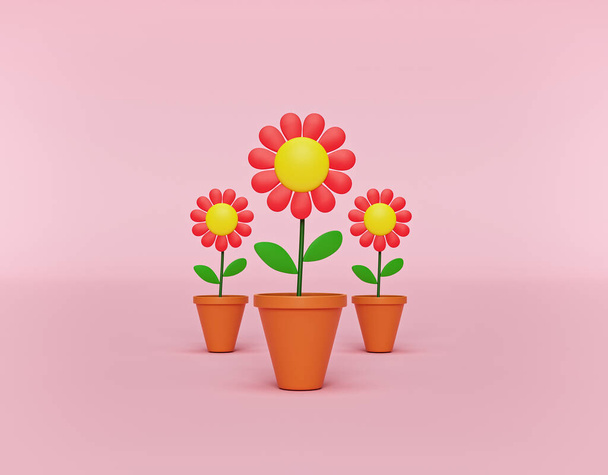 Pastel pembe arka planda izole edilmiş çiçek saksıları. En küçük simge, sembol. Bahçe işleri konsepti. 3d oluşturma - Fotoğraf, Görsel