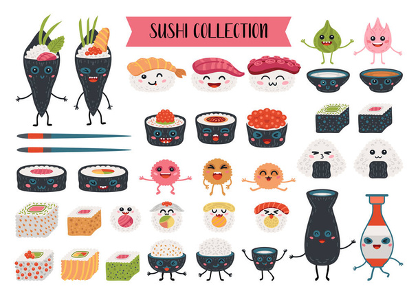 Kawaii tekercsek és sushi karakterek gyűjteménye - Vektor, kép