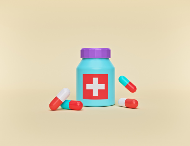 Лікувальна пляшка і таблетки ізольовані на пастельному тлі. мінімальна концепція. 3D візуалізація
 - Фото, зображення