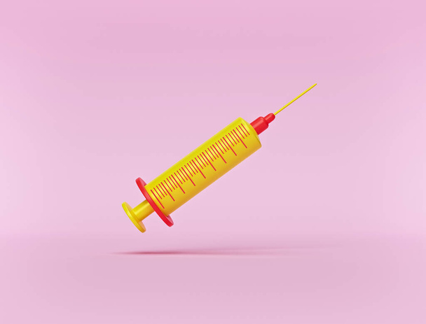 Minimale Spritze im Cartoon-Stil isoliert auf pastellrosa Hintergrund. Medizinkonzept. 3D-Darstellung - Foto, Bild