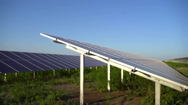 Sonnenkollektoren stehen reihenweise auf dem Boden. Kostenloser Strom für zu Hause. Nachhaltigkeit des Planeten. Grüne Energie. Solarzellen treiben das Geschäft mit Kraftwerken an. Ökologische saubere Energie. Blaue Tafeln am Boden. - Filmmaterial, Video