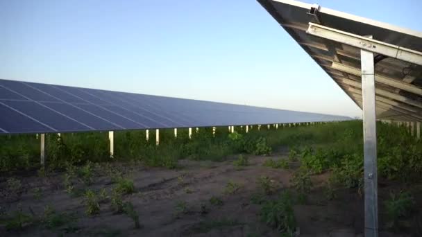 Sonnenkollektoren elektrifizieren die Nachhaltigkeit des Planeten. Grüne Energie für zu Hause. Solarzellen treiben das Geschäft mit Kraftwerken an. Ökologische saubere Energie. Blaue Tafeln am Boden. - Filmmaterial, Video