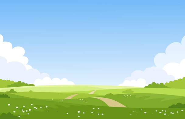 Beautiful spring landscape, banner with green fields and meadows. Summer natural background with place for text, green grass, road, clouds, sky. Sunny park. Vector illustration. - Vektor, kép