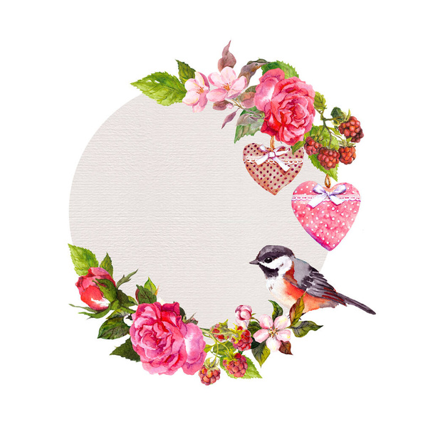 Vintage floral wreath for wedding card, Valentine design. Flowers, roses, berries, vintage hearts and bird. Watercolor round frame for save date text - Foto, Imagen