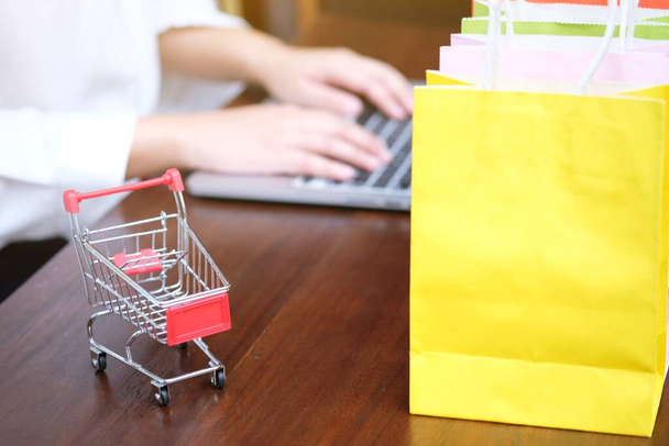 Nainen ja Pieni ostoskori Laptop Internet verkkokaupoissa käsite - Valokuva, kuva