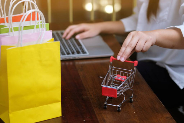 Frau und kleiner Einkaufswagen mit Laptop für Online-Shopping im Internet - Foto, Bild