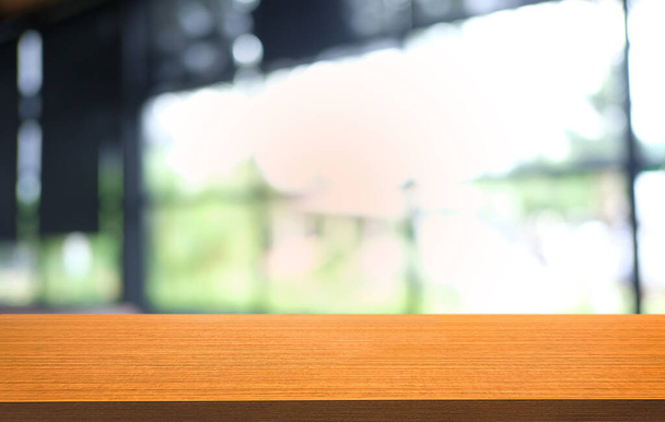 Mesa vacía de madera oscura frente al abstracto fondo borroso bokeh del restaurante. se puede utilizar para la exhibición o el montaje de sus products.Mock para arriba para el espacio - Foto, Imagen