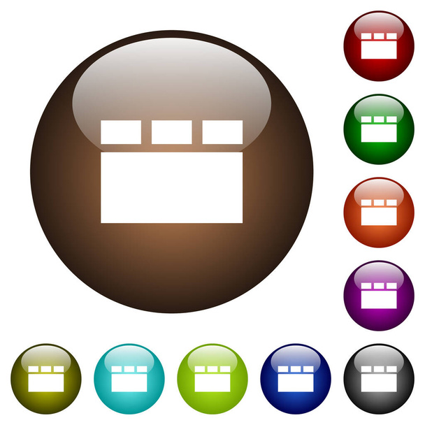 Diseño horizontal con pestañas iconos blancos en botones de vidrio redondo en múltiples colores
 - Vector, Imagen